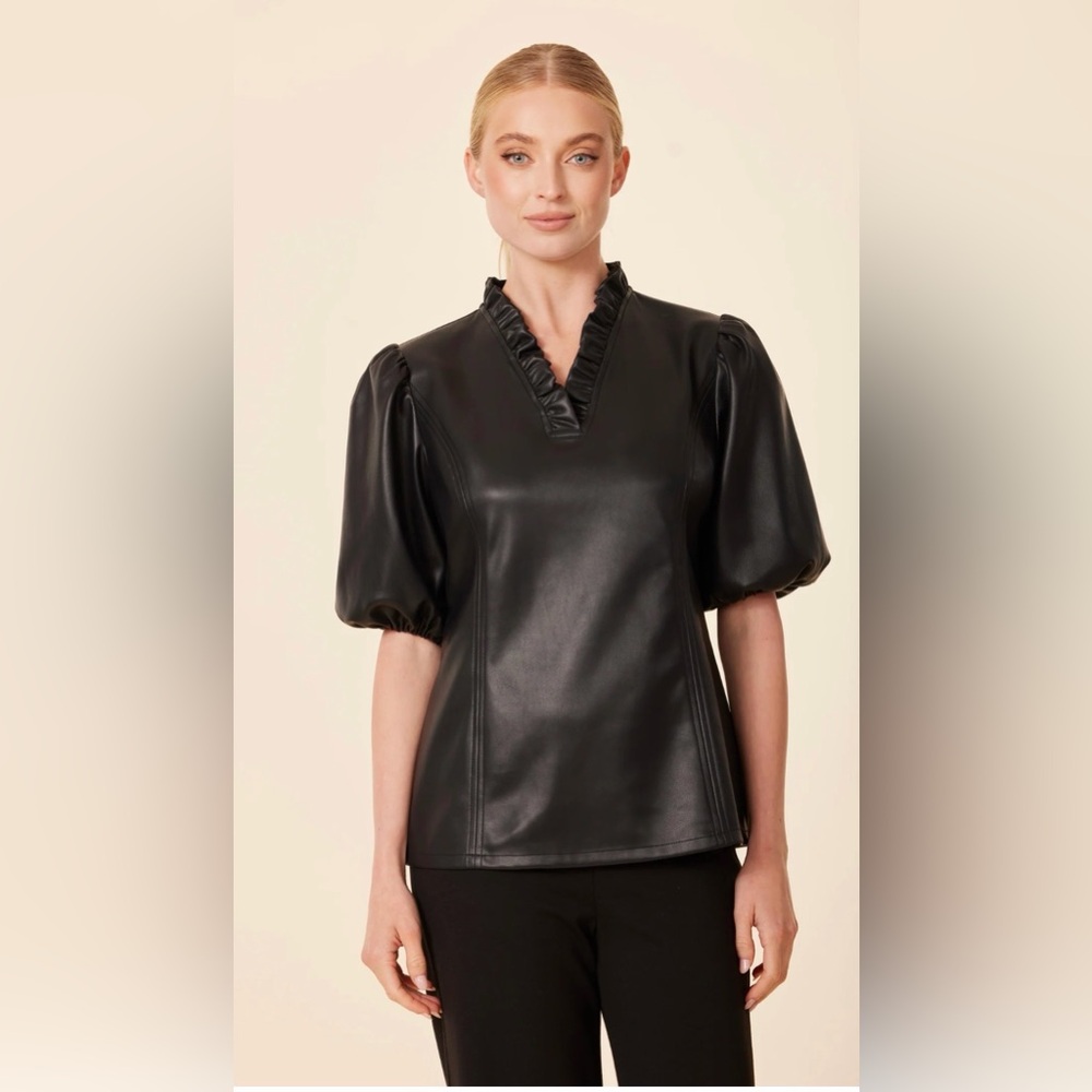 NWT Super Soft Dolce Cabo Black Faux Leather Blouse